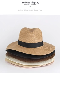 Vertical stack showing five colors of unisex woven straw fedora hats with black ribbons