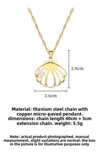 Titanium steel shell pendant necklace details with 2.9x2.6cm size and 40+5cm chain length