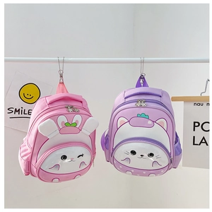 Front view of pink rabbit and purple cat cartoon backpacks for nursery kids