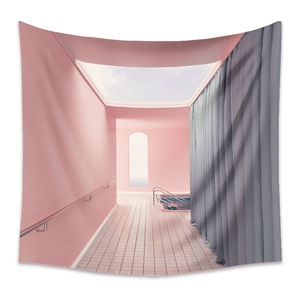 Detail view of Bohemian landscape tapestry with abstract pink walls and blue curtains