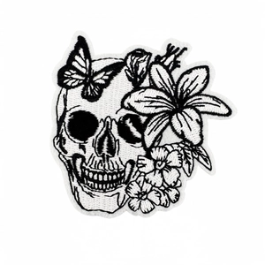 Punk style black and white skull embroidery patch with flowers for clothing accessories