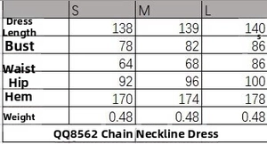 Detailed size chart for chain neck halter dress showing measurements from S to L