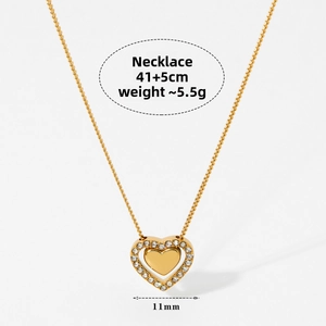 Detailed view of layered gold heart necklace with dimensions and weight specs