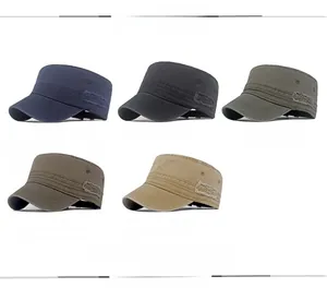 Macro shot of cotton military caps in five colors with vintage distressed side patches