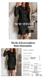 Detail of elegant black waffle knit dress showing gold buttons and fabric composition data