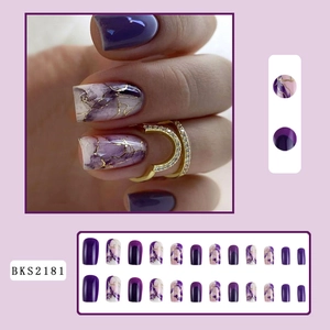 Detailed set of 24 purple marble and gold line press-on nails with shiny finish