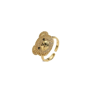 Adjustable golden bear head ring paved with white crystals and black zircon eyes