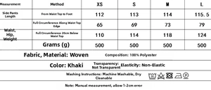 Detailed size chart with measurements and fabric care info for khaki sleeveless suit set