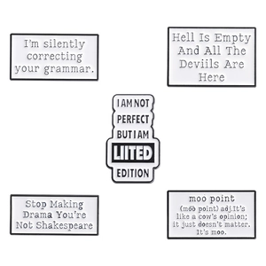 5-piece set of minimalist enamel pins with humorous English quotes on white backgrounds