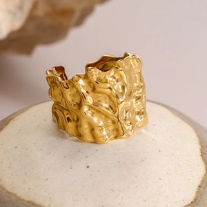 Exaggerated 18k gold plated stainless steel ring with irregular hammered texture