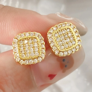 Hip Hop Square Stud Earrings For Women Copper 18K Gold Plated Paved Zirconia Geometric Shiny Ear Jewelry Trendy Everyday Gift