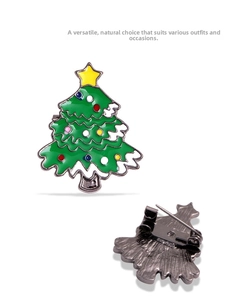 Detailed front and back views of a green enamel Christmas tree brooch with colorful dots