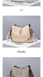 Detailed view of beige and khaki shell bags with high quality lychee grain leather finish