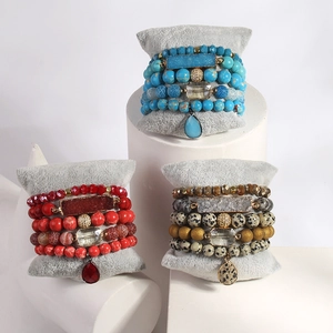 Bohemian stackable beaded bracelet set with natural stones in blue, red and leopard print