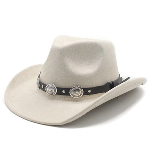 Detail of cream western cowboy hat featuring black leather band and ornate silver conchos