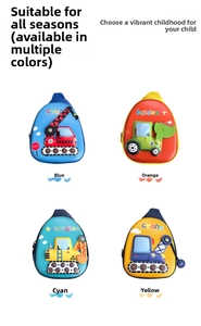 Detail view of 3D construction vehicle kids bags in blue orange cyan and yellow colors