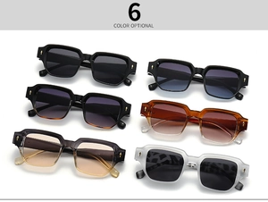 Detailed comparison of six color options for square retro sunglasses with metal accents