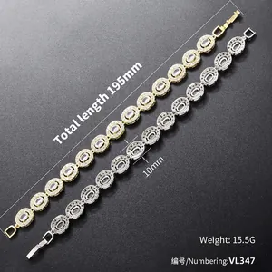 Hip hop oval link bracelet with pavé cubic zirconia in gold and silver finish, 195mm
