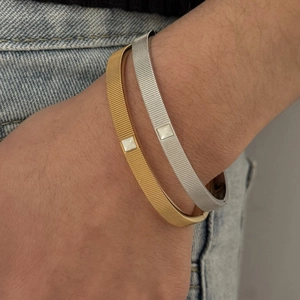 Minimalist gold and silver stainless steel bangles with square inlay for women