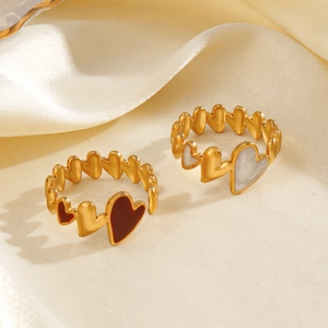Adjustable 18K gold plated stainless steel heart rings with red and white enamel charms