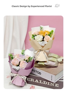Close-up of artificial rose soap flower bouquets with Happy Everyday ribbons