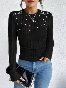 Women's Artificial Pearl Beaded Ribbed Knit Top Long Sleeve Round Neck Slim Fit Solid Black Elegant Base Shirt Sweater