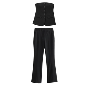 Gilet De Blazer Ajusté Et Pantalon Évasé Pour Femmes Polyester Chic Streetwear Tenues Décontractées