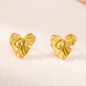 Heart Stud Earrings Wrinkled Texture Stainless Steel 18K Gold Plated Ins Style Personalized Jewelry For Women