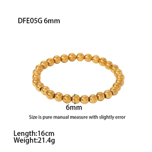 Detail view of 6mm 18K gold-plated stainless steel beaded bracelet with size specifications