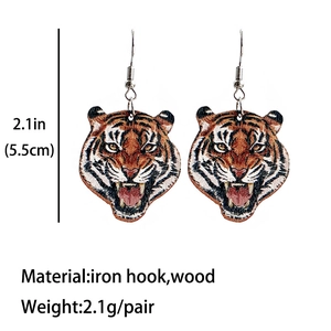 Tiger pattern wooden drop earrings with iron hooks 2.1 inch long lightweight jewelry