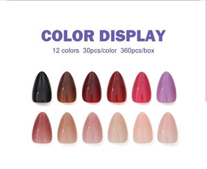 Nuancier de 360 faux ongles en amande avec 12 couleurs unies brillantes et chic