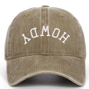 Retro washed cotton baseball cap in khaki brown with white inverted Howdy embroidery