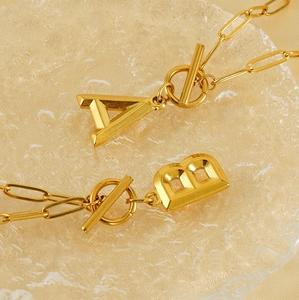 Titanium steel 18K gold letter A and B pendant necklace with paperclip chain and toggle clasp