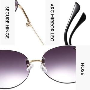 Detail shots of purple gradient frameless sunglasses showing secure hinge and gold temples