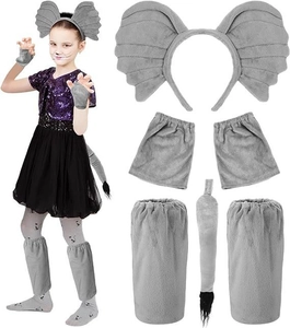 Detailed view of kids grey elephant ears headband tail and paws costume set