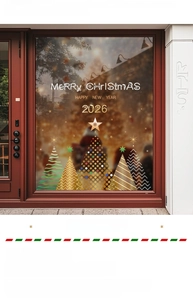 Detail of gold Christmas tree and 2026 Happy New Year stickers on a glass window