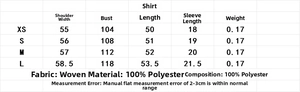 Tableau des tailles détaillé pour chemise florale avec mesures d'épaules et de buste