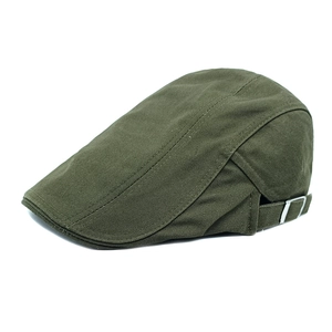 Detail of olive green ivy cap showing adjustable silver metal buckle and side stitching
