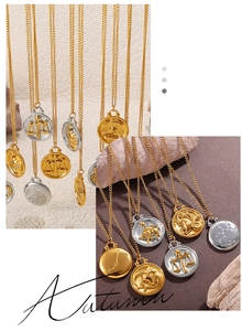 Detailed macro view of 18K gold and silver zodiac embossed round coin pendant necklaces