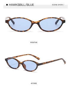 Front and side views of tortoise shell oval sunglasses with stylish blue lenses