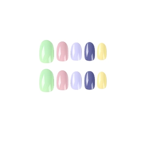 Glossy macaron pastel press-on nails set including mint, pink, purple, blue, and yellow colors