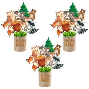 Set of 3 woodland animal cake toppers featuring fox deer and bear in rustic wood pails