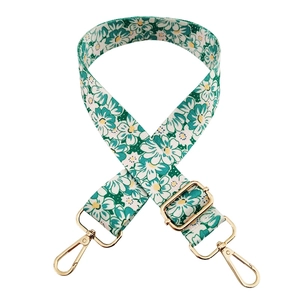 Adjustable green floral replacement shoulder strap with gold metal buckles for bags