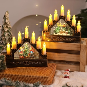 Close-up of vintage bronze Christmas candle bridge with hand-painted festive scenery