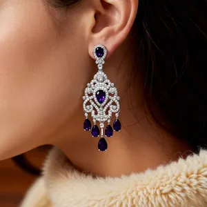 Baroque floral drop earrings with purple gemstones and silver needle zircon studs