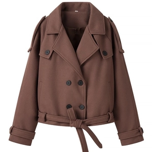Women's brown short wool coat with double-breasted buttons and classic waist belt