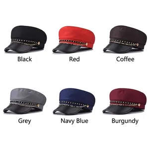 Fashionable PU leather military caps with gold chains and star rivets in six colors