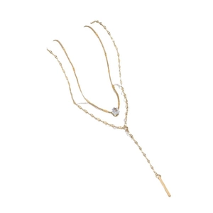 Double-layered gold Y-necklace with crystal zircon droplet and vertical metal bar pendant