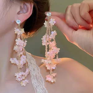 Floral Tassel Dangle Earrings For Women With Silver Earring Post Zircon Crystal Beads Sequin Sweet Romantic Holiday Style
