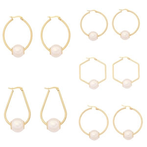 Stainless Steel Geometric Artificial Pearl Earrings Women Gold Plated Minimalist Elegant Hexagon Round Water Drop Oval Jewelry